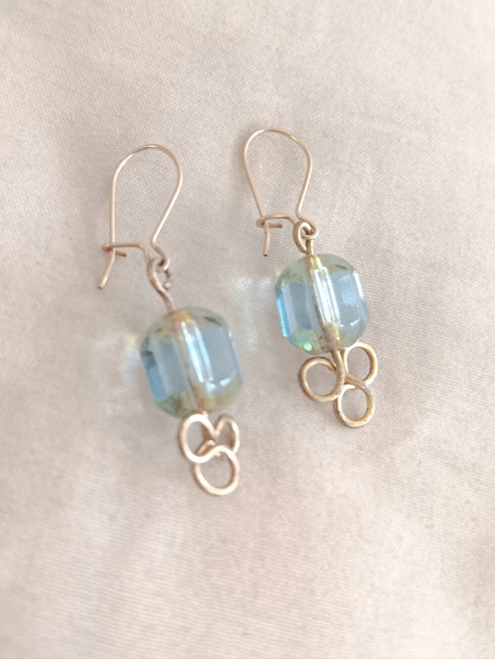 Gold Drop Earrings with Light Blue Glass Beads